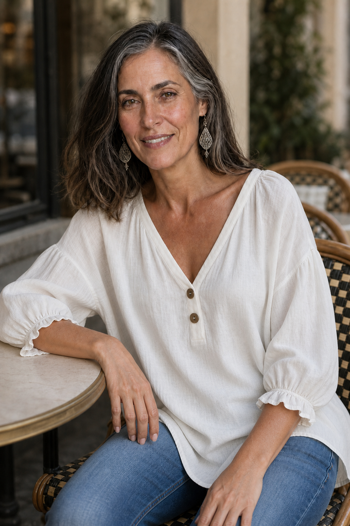Lunelle – Loose V-Neck Linen-Look Blouse