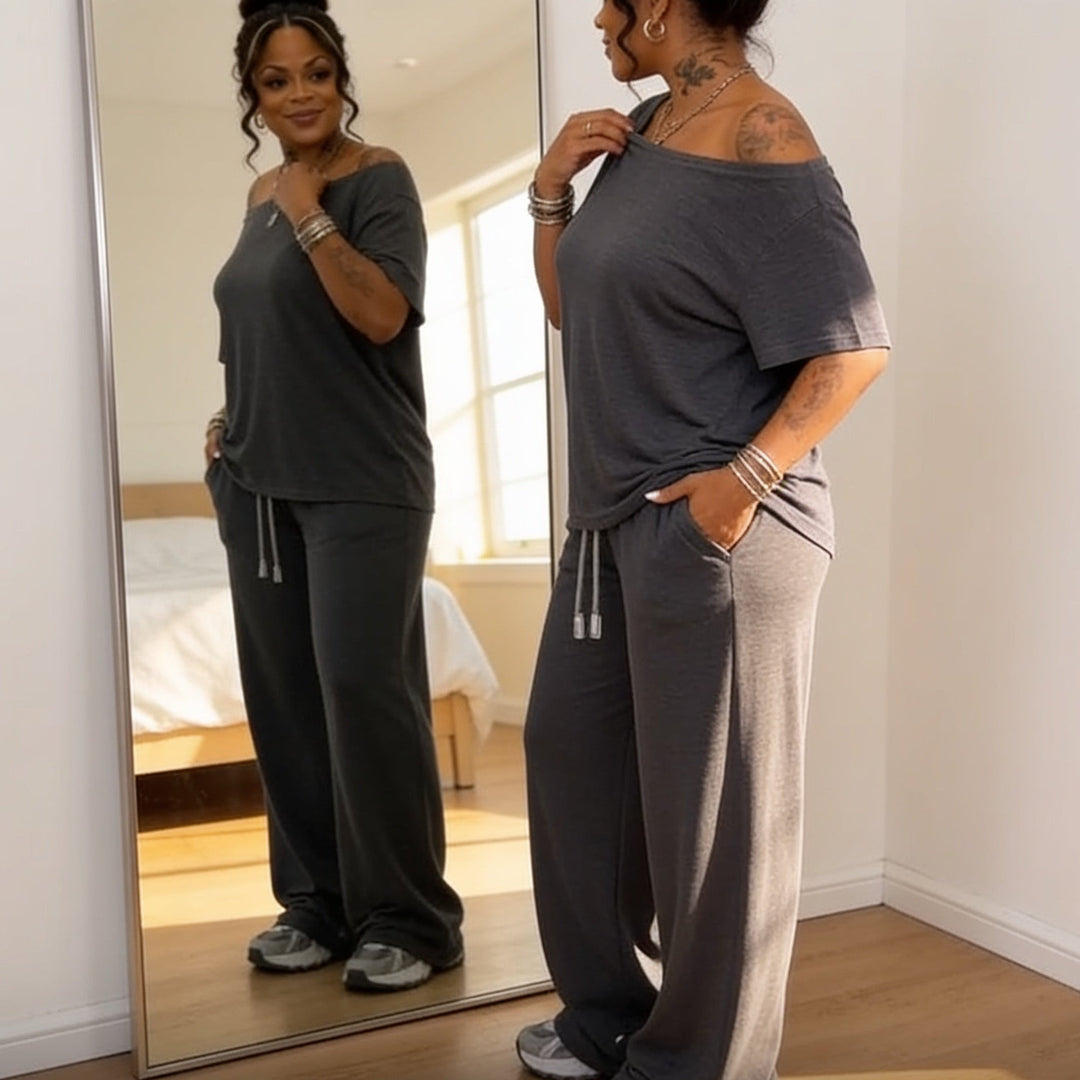 Draperline – Off-Shoulder Asymmetrical Top And Wide-Leg Pants Set