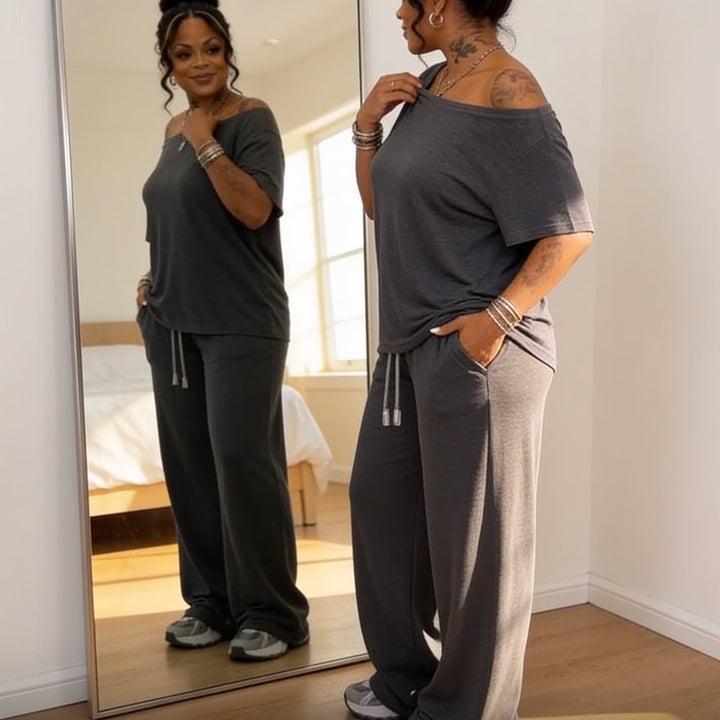 Draperline – Off-Shoulder Asymmetrical Top And Wide-Leg Pants Set