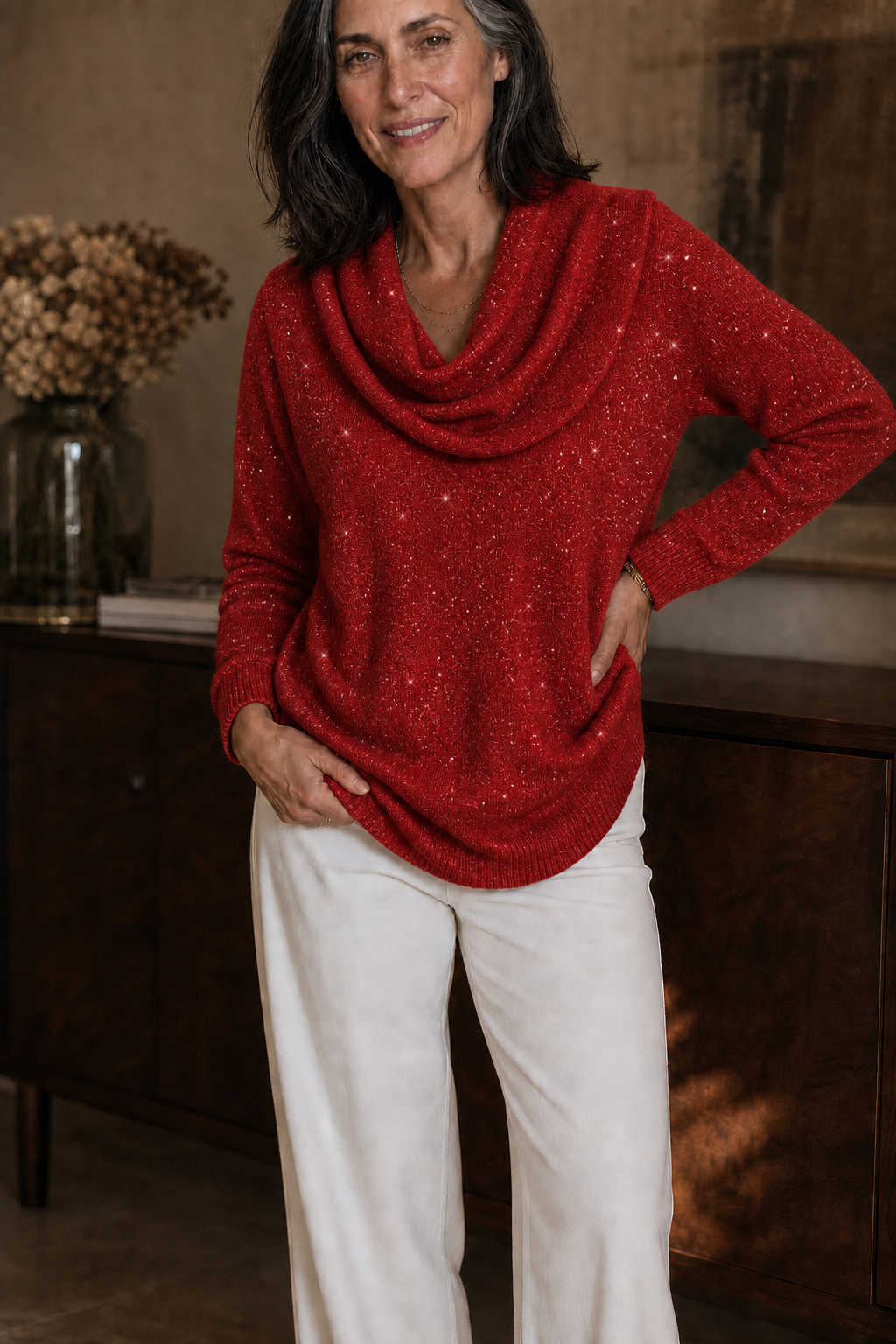 Sparkle – Shimmer Cowl-Neck Long Sleeve Top