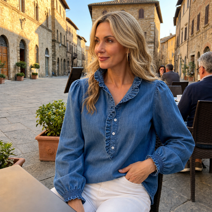 Ruffle & Row – Ruffle Collar Puff-Sleeve Denim Top