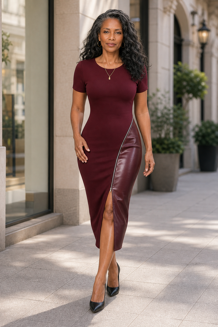 Sixpm – Diagonal Zip PU Panel Bodycon Dress