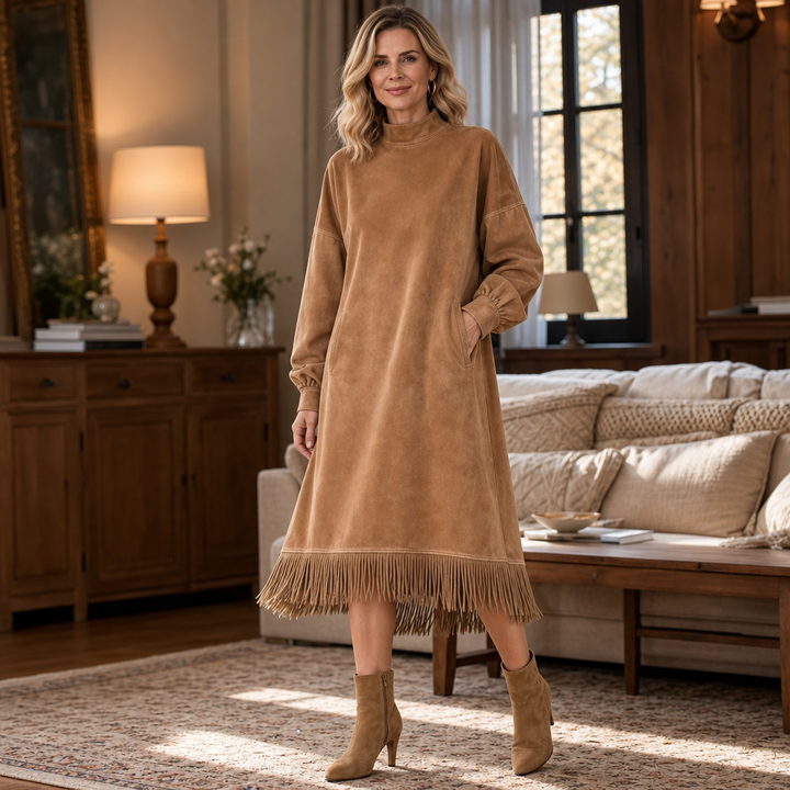 Tasselina – High-Neck Faux-Suede Tassel-Hem Dress