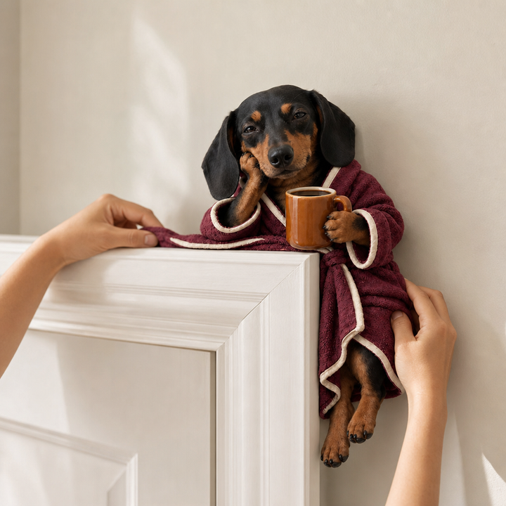 Cozy Cornerhound – Bathrobe Coffee Dachshund Doorway Figurine