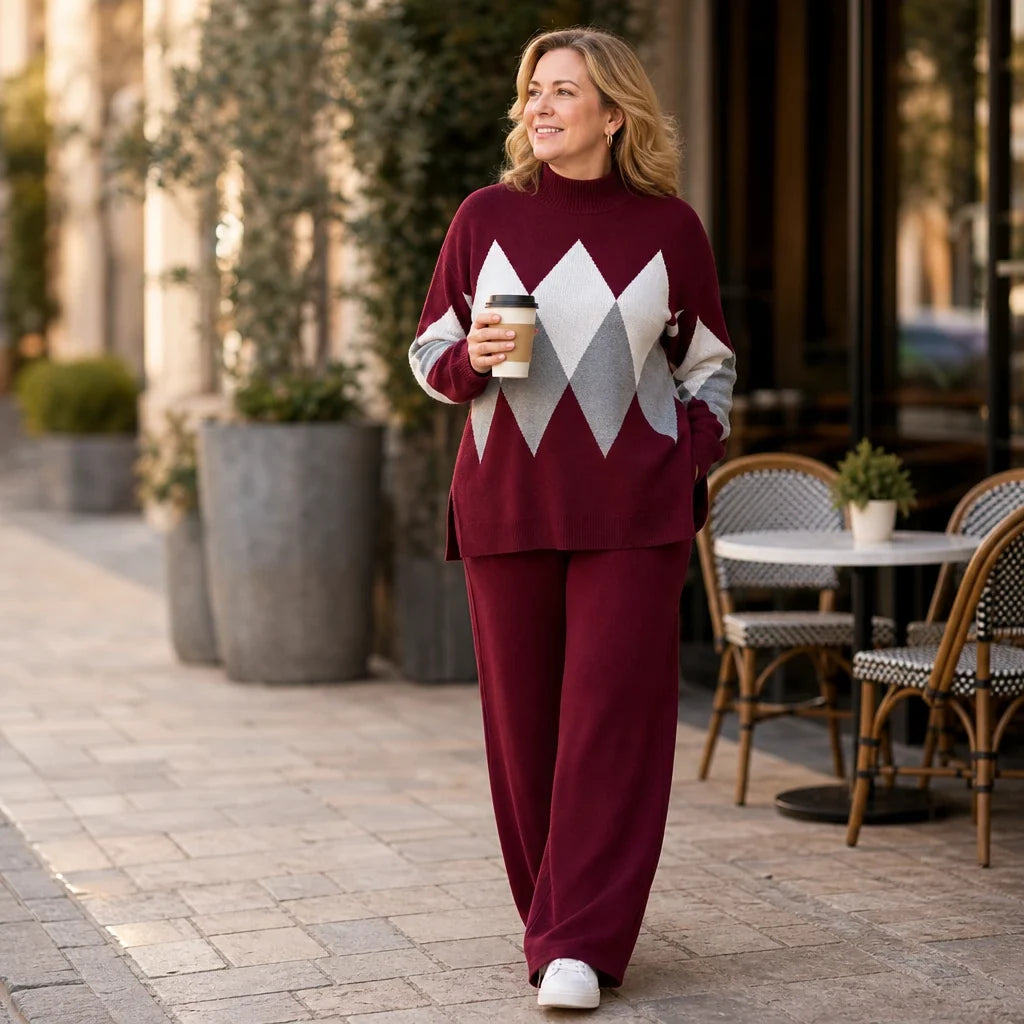 Argyle Ease – Argyle Knit Sweater And Wide-Leg Trouser Set