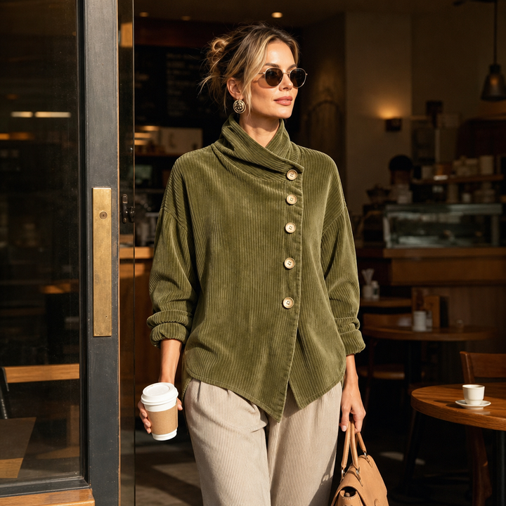 Foldover – Asymmetric Placket Funnel Neck Corduroy Top