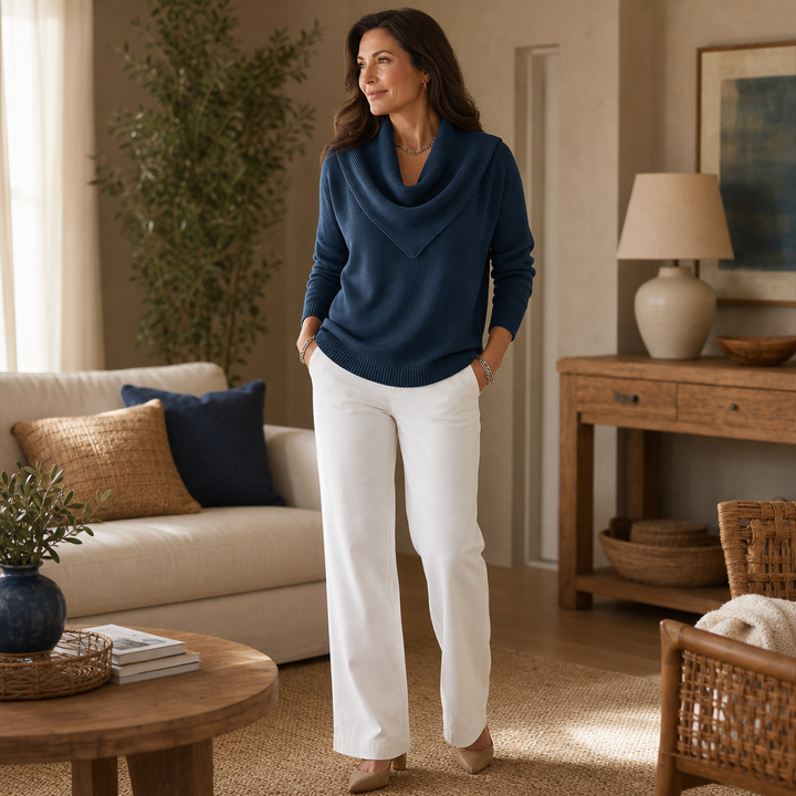 Collarvie – Draped Open-Collar Cowl Neck Sweater