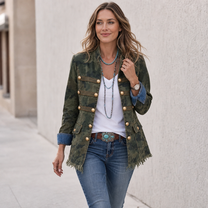 Gilded Rebel – Gold Button Camouflage Denim Jacket