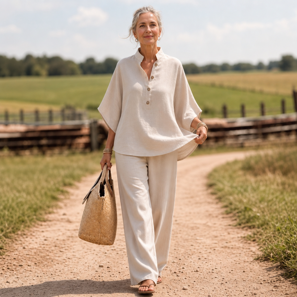 Wearlinne – Stand Collar Batwing Sleeve Linen Set