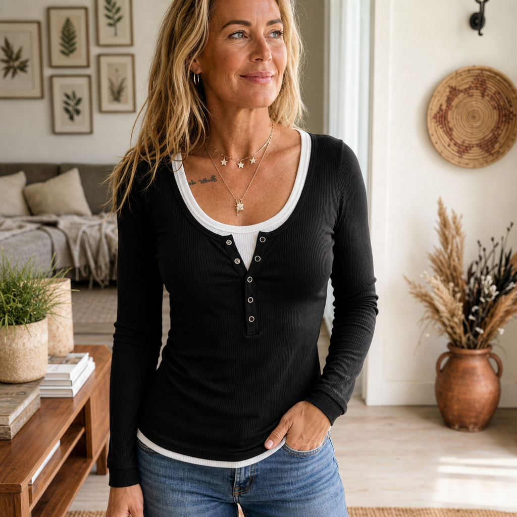 Layerlynn – Faux-Layered Ribbed Henley Top