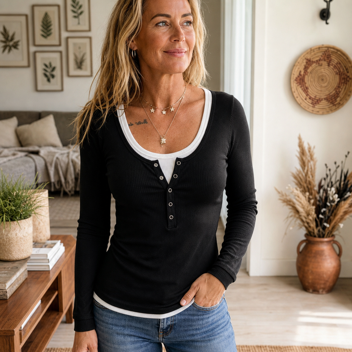 Layerlynn – Faux-Layered Ribbed Henley Top