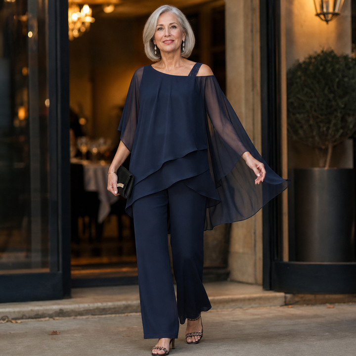 Elowen – Asymmetrical Chiffon Overlay Wide-Leg Pants Set