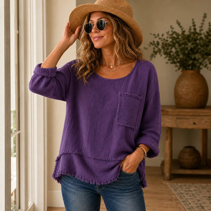 Marlowe – Crinkle-Textured Frayed-Trim Tunic Top