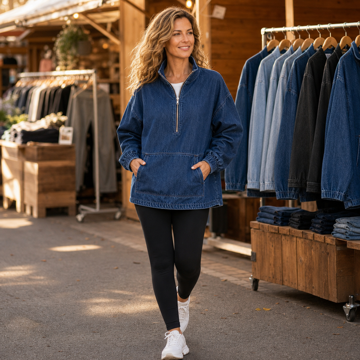 Half-Zip Haven – Washed Denim-Look Half-Zip Pullover