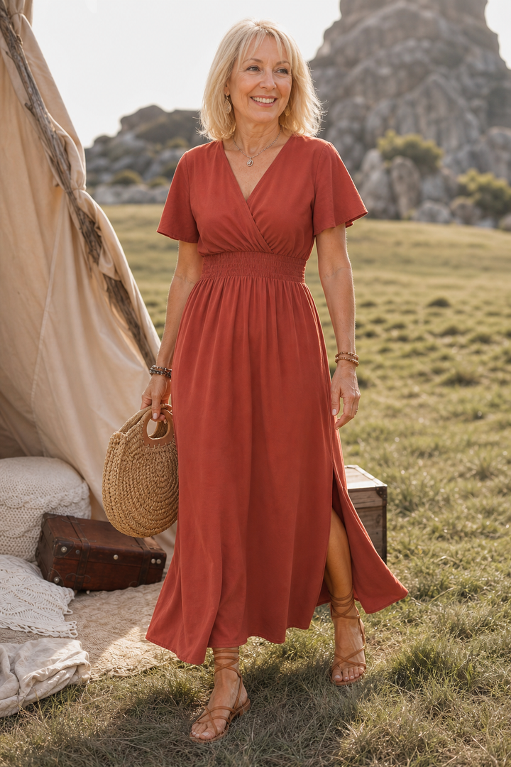 Lunetta – Button-Front V-Neck Side Slit Maxi Dress