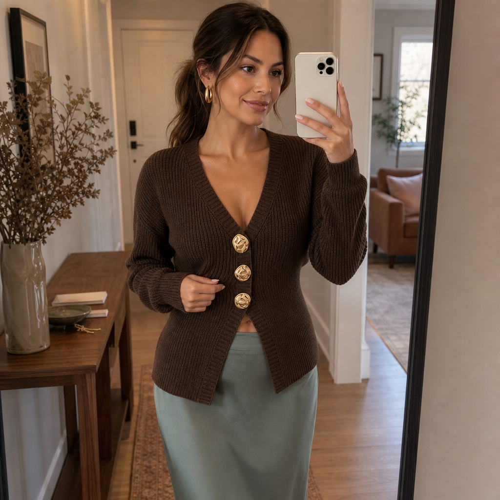 Veloura – Contrasting Hardware V-Neck Knit Cardigan