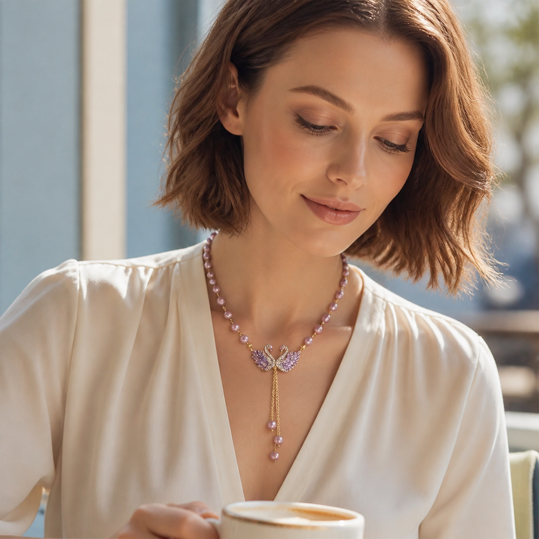 Lunabelle™ Twin-Swan Pearl Tassel Necklace