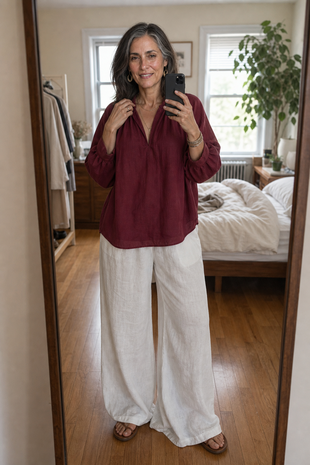 Amselle – Ruched Collar Blouse And Wide Leg Pants Set