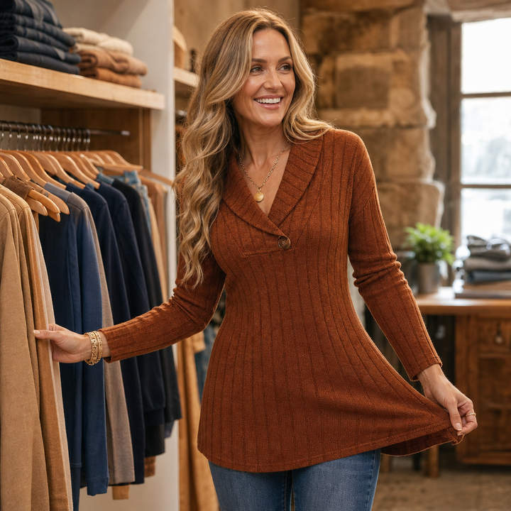 Curvella – Ribbed V-Neck Slim Fit Knit Top