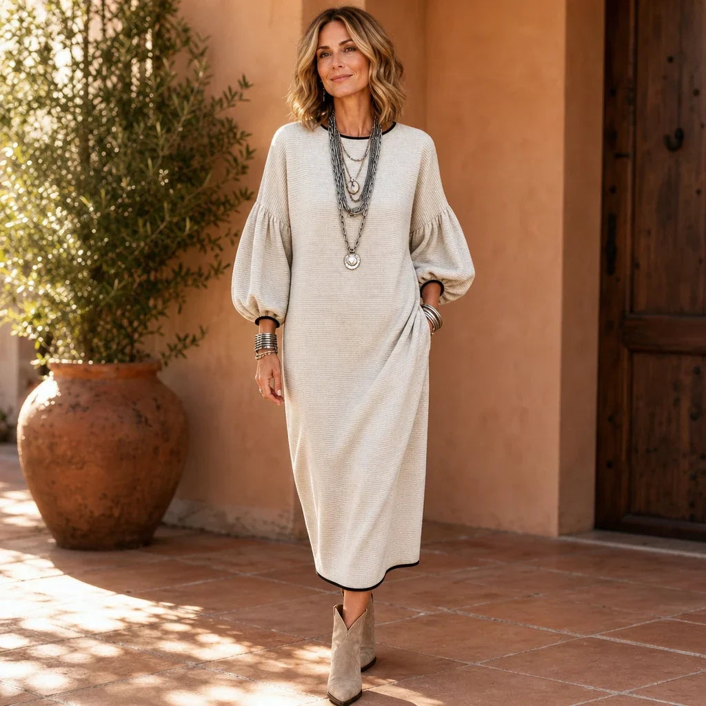 Vivelyn – Textured Knit Puff Sleeve Midi Dress