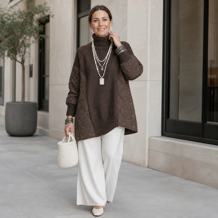 Quilted Haven – Quilted Panel Turtleneck Pullover