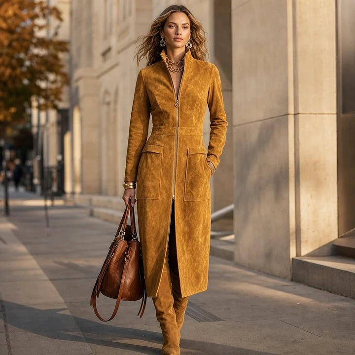 Velora – Fitted Stand-Collar Longline Coat