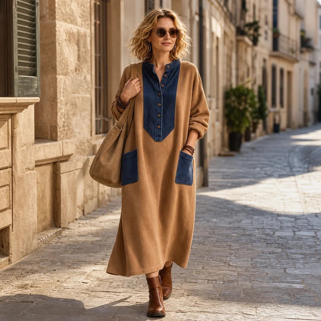 Boho Casual Cozy Colorblock Faux Suede Maxi Dress