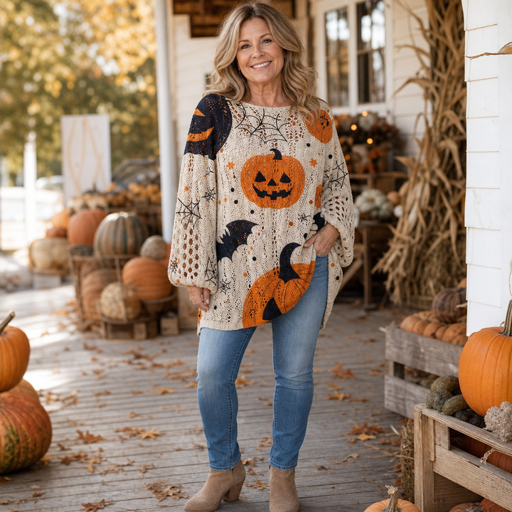 Harvestknit – Pumpkin And Bat Intarsia Knit Sweater