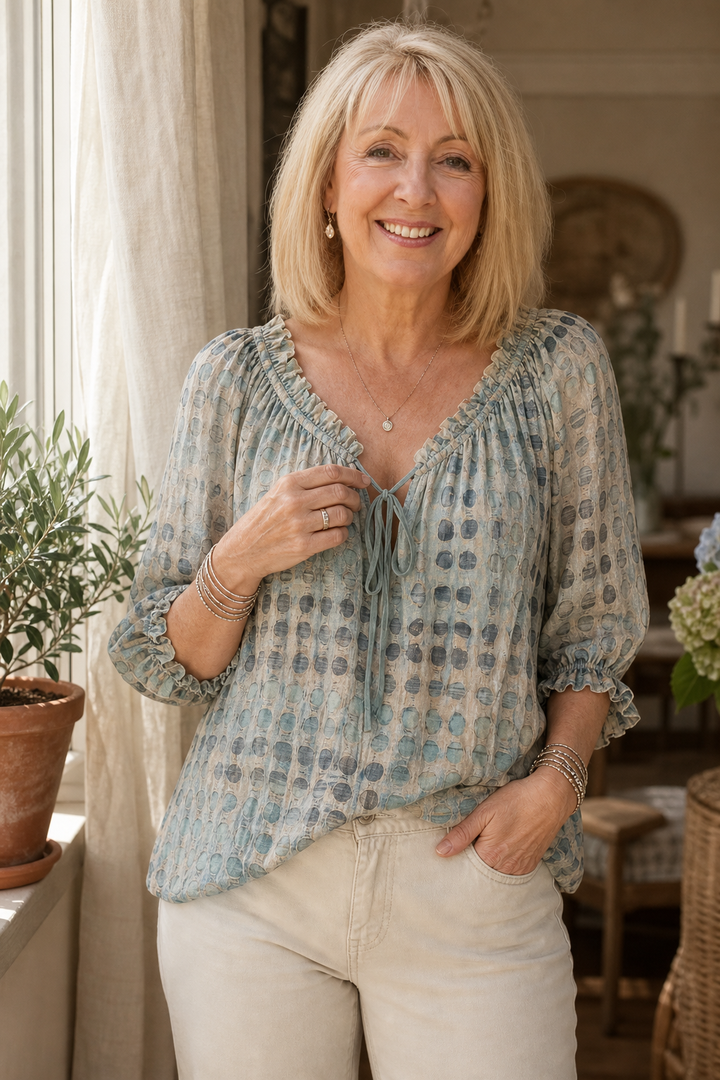 Vivelyn – Tie-Neck Ruffled Boho Print Blouse