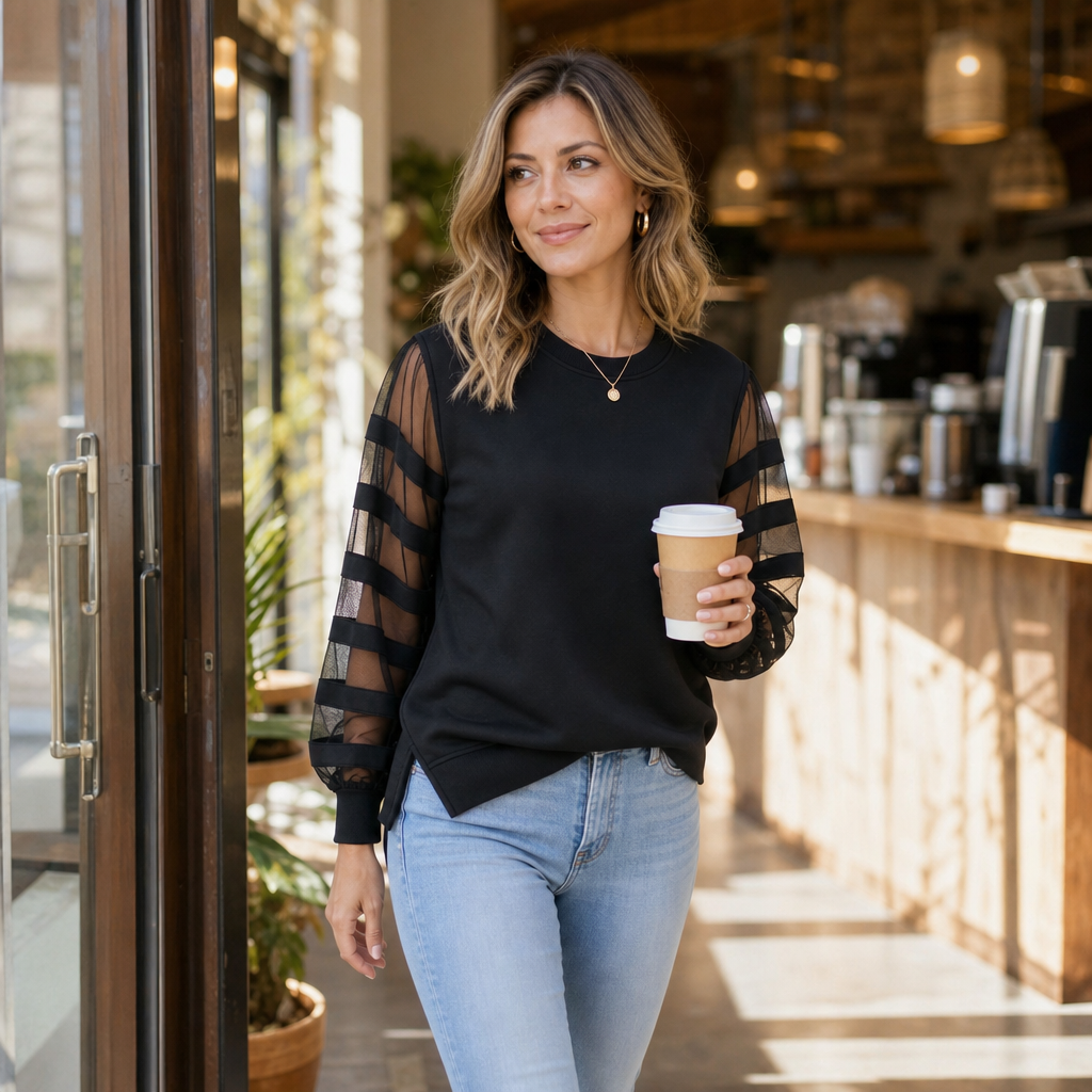 Mesh Muse – Mesh Panel Puff Sleeve Sweatshirt