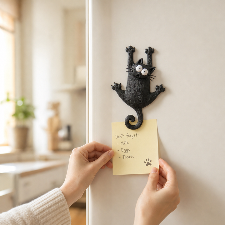 Fridge Pouncer – Hanging Black Cat Refrigerator Magnet