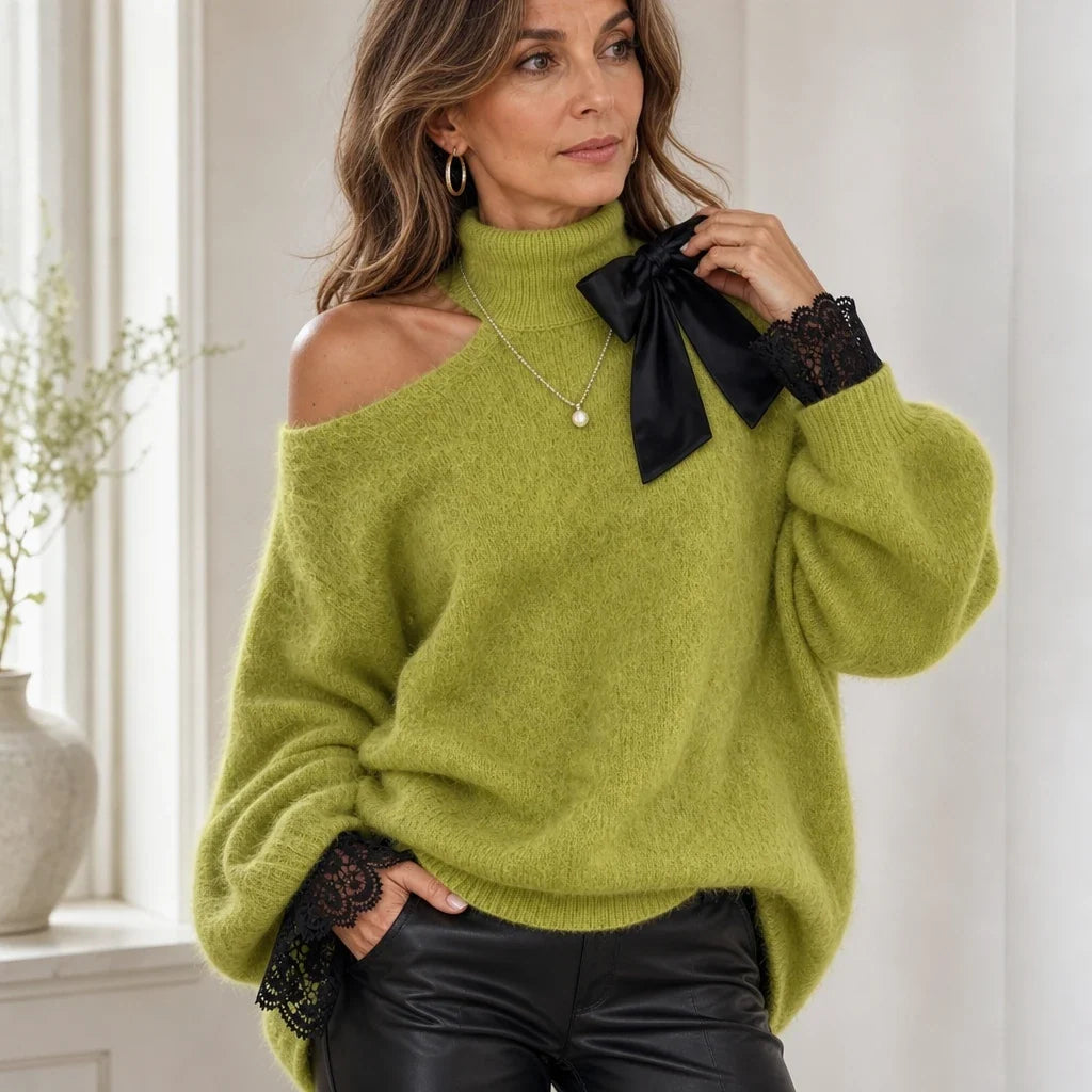 Wearbella – Bow Lace Patchwork Cold-Shoulder Sweater