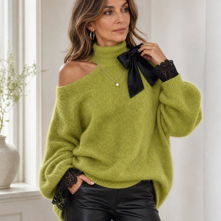 Wearbella – Bow Lace Patchwork Cold-Shoulder Sweater