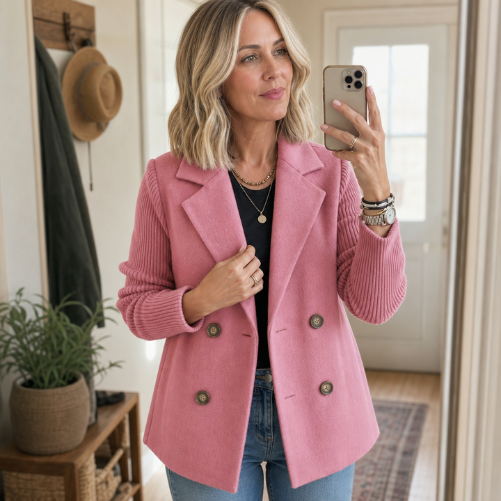 Wearbella – Knit-Sleeve Double-Breasted Blazer