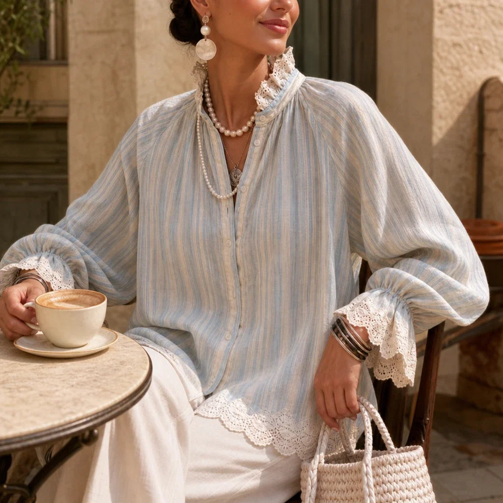 Lacey Lane – Striped Lace-Trim Linen-Blend Shirt