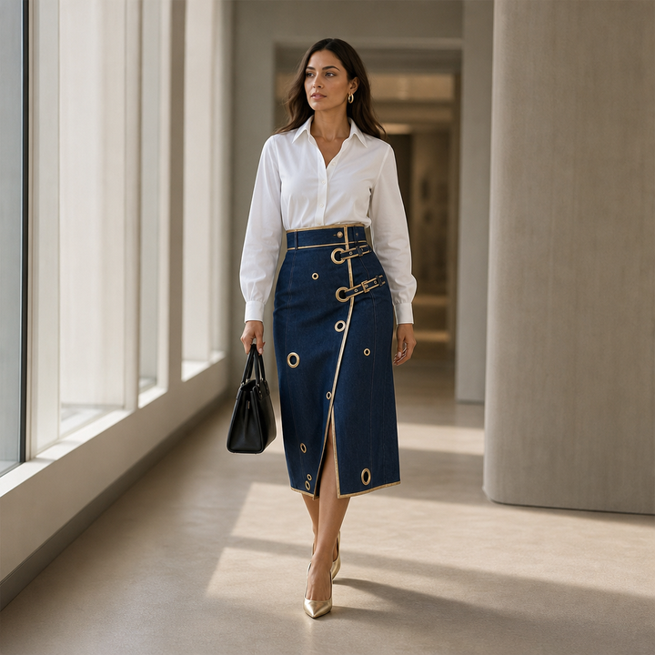 Wearbella – Asymmetric Wrap Denim Look Midi Skirt