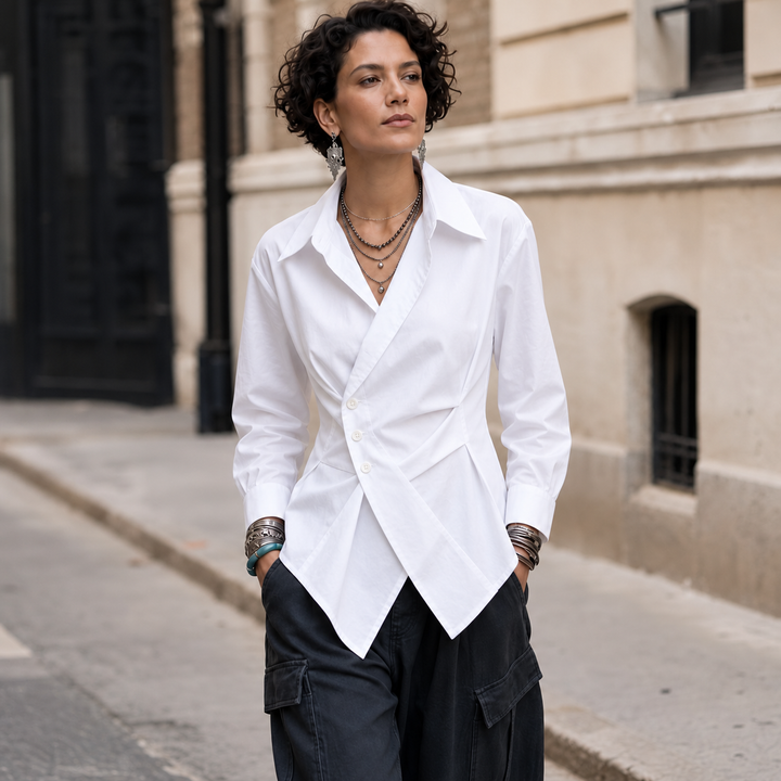 Vela Twist – Diagonal Wrap Hem Cotton Shirt