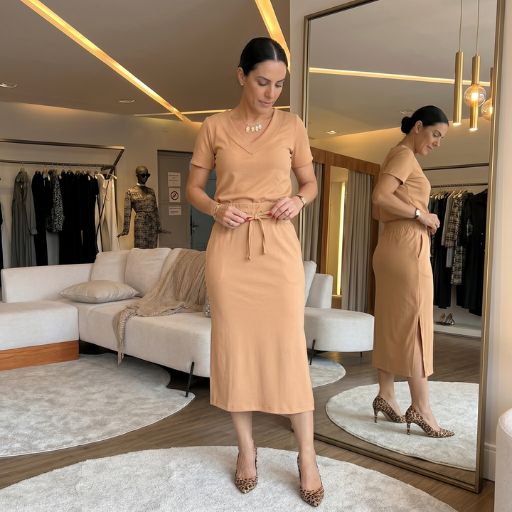 Saviya™ – Ribbed V-Neck Top and Midi Skirt Set