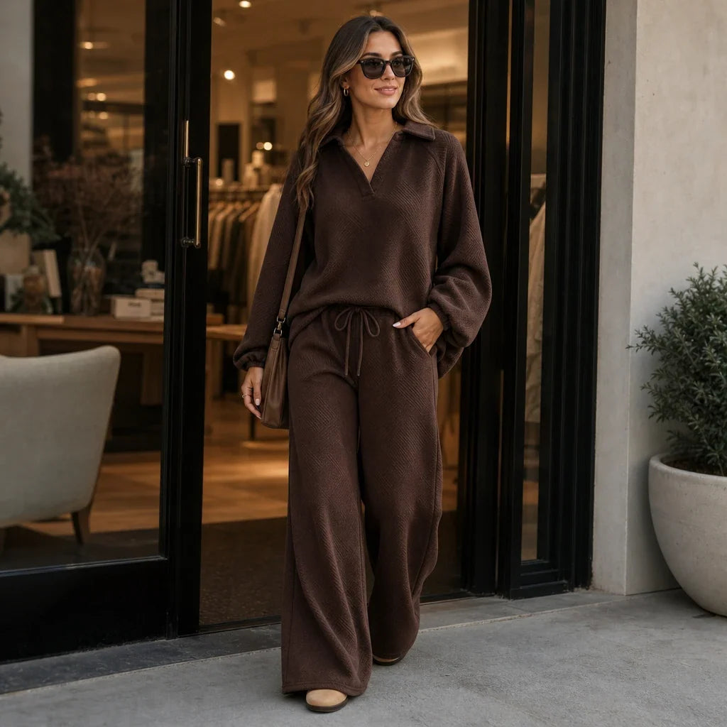 Polora – Knitted Polo Top And Wide-Leg Trouser Set