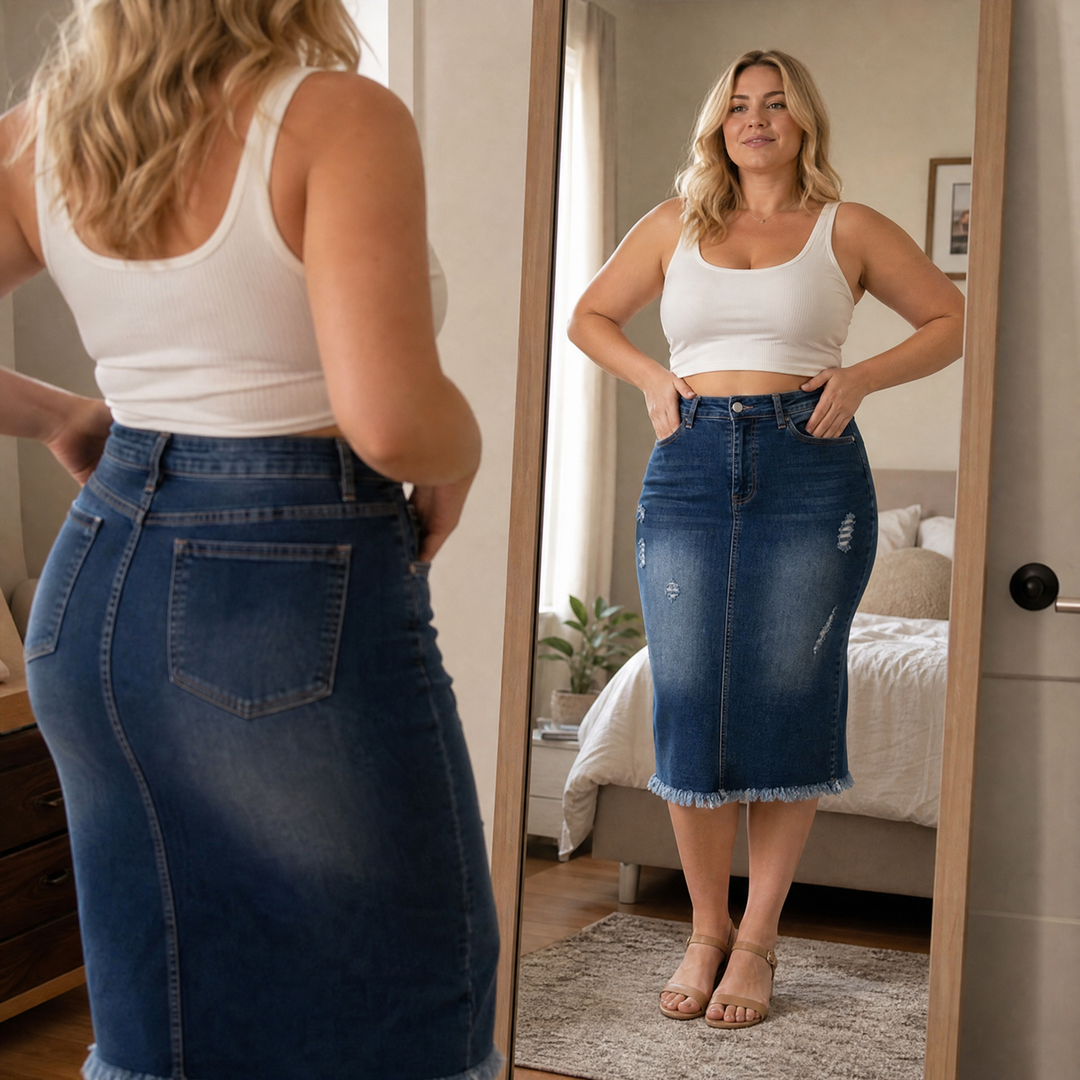Veluna™ – Curve-Flattering Frayed Hem Denim Skirt