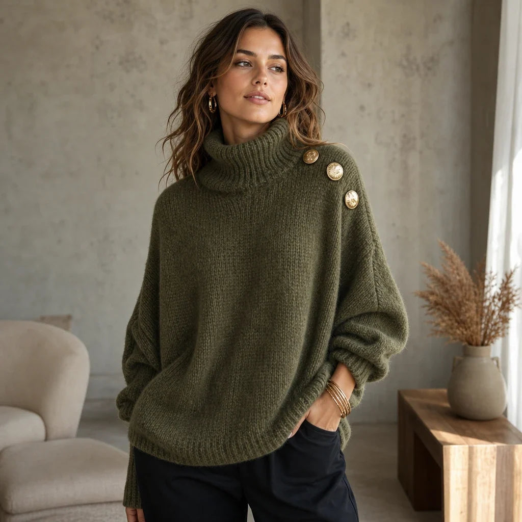 Aurelle – Gold Button Shoulder Knit Turtleneck Sweater