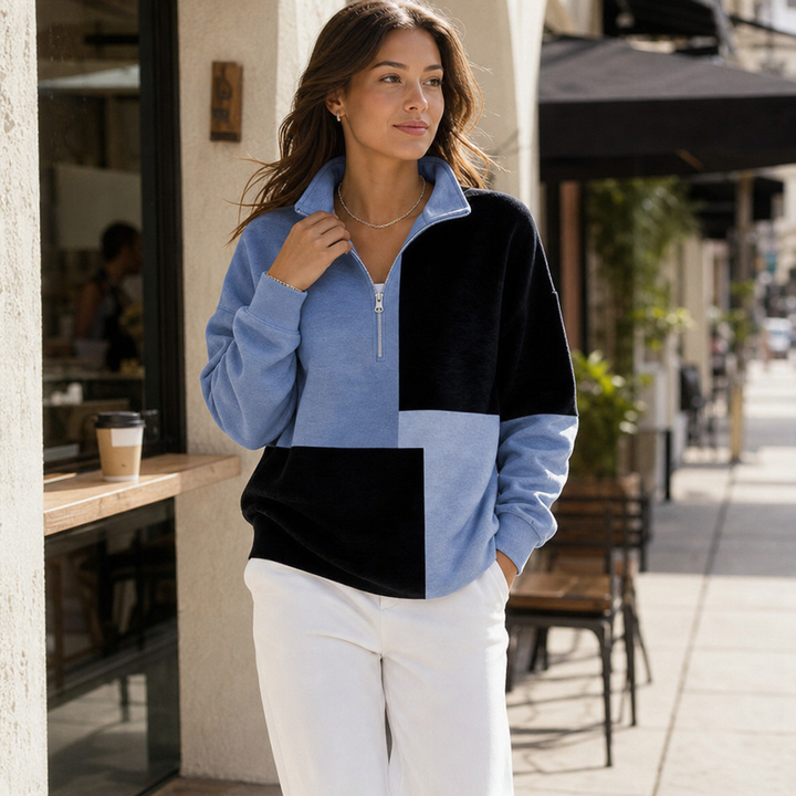 Colorplaid – Colorblock Plaid Stand-Collar Zip Sweatshirt