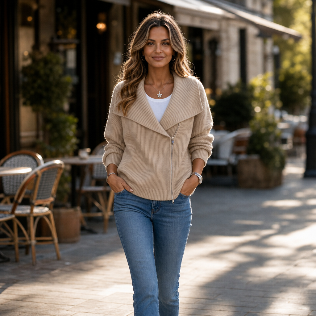 Wearbella – Diagonal Zip Oversized Collar Ribbed Knit Jacket