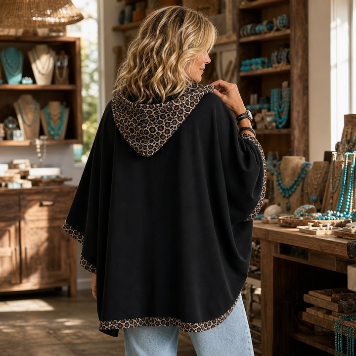 Wildelle – Leopard Trim Wide Sleeve Off-Shoulder Hoodie