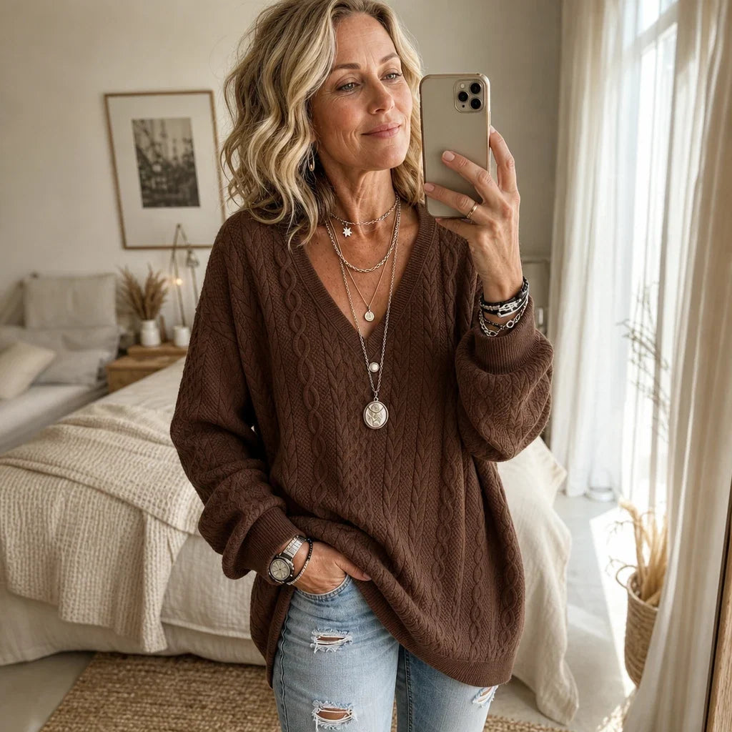 Vela – Loose V-Neck Cotton-Blend Top