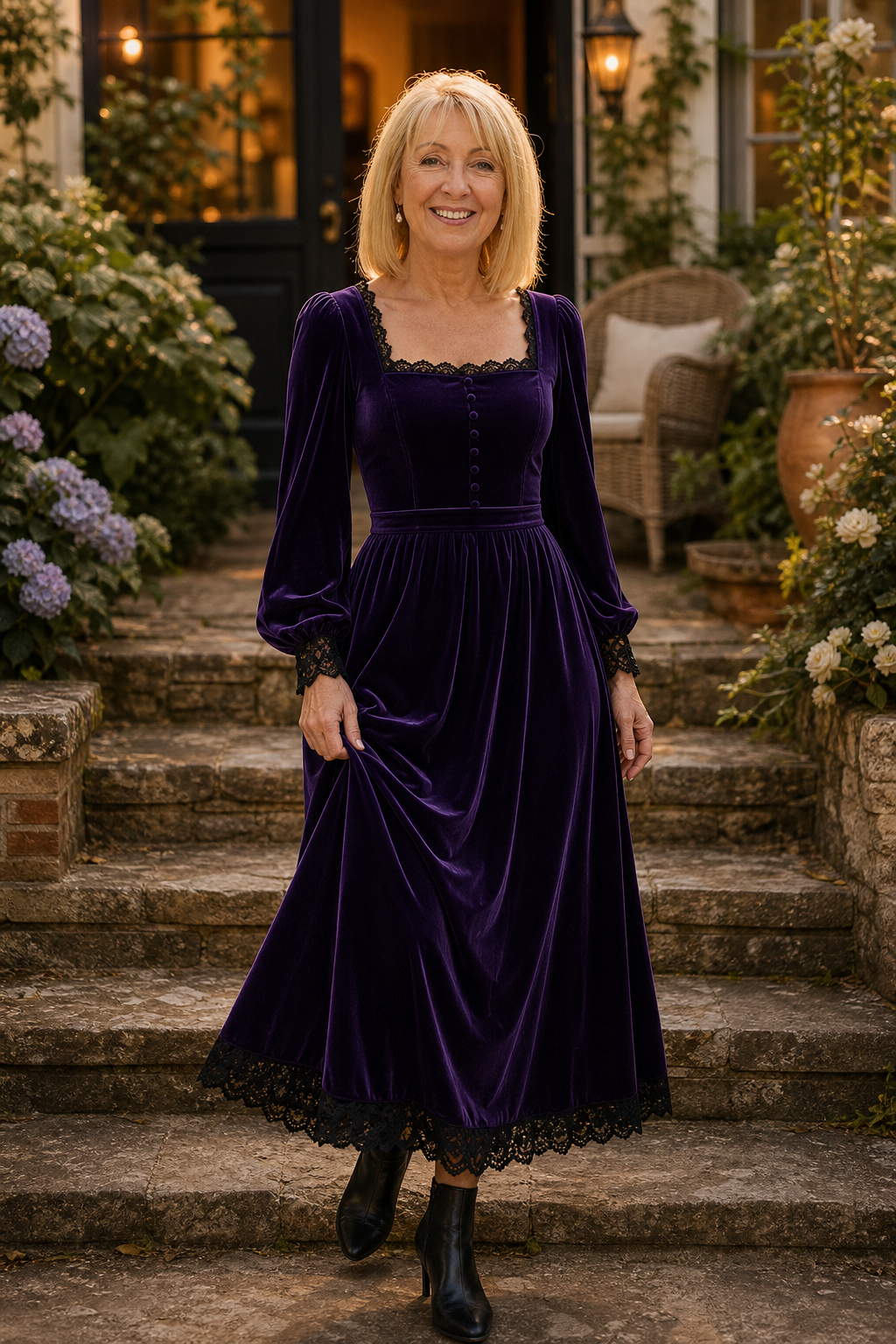 Velourette – Square Neck Fitted Waist Velvet-Look Midi Dress