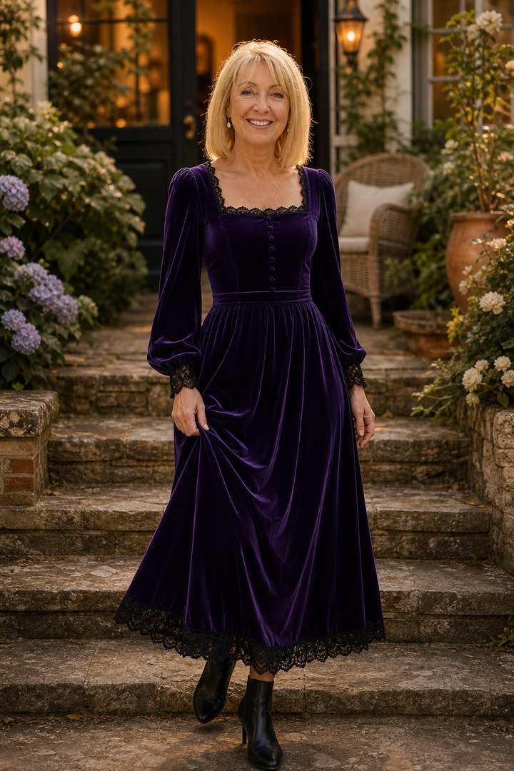 Velourette – Square Neck Fitted Waist Velvet-Look Midi Dress