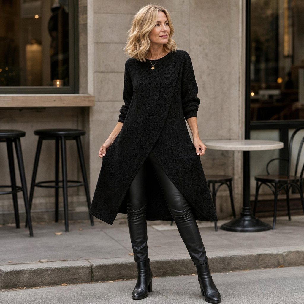 Wrapline – Asymmetric Wrap-Front Slit Hem Tunic Dress