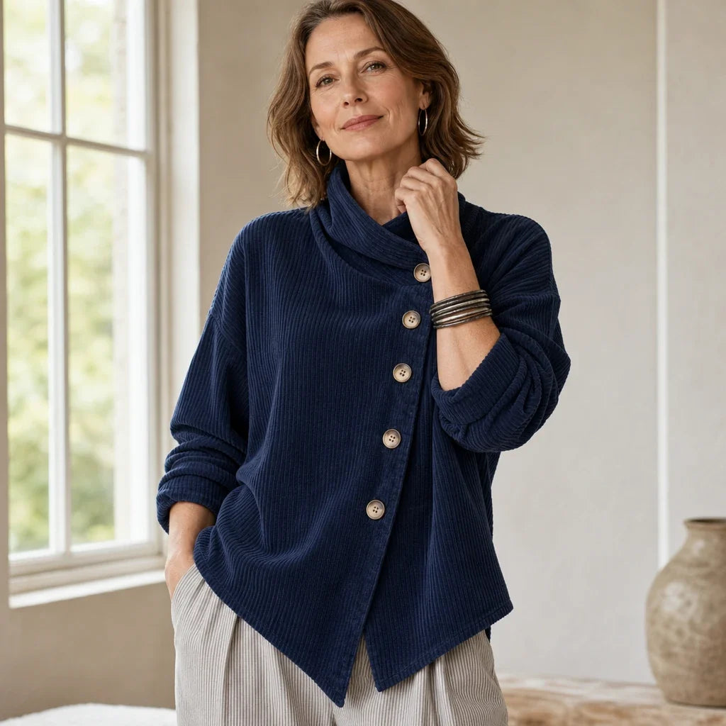 Everlayer – Draped Neck Asymmetrical Button-Front Top