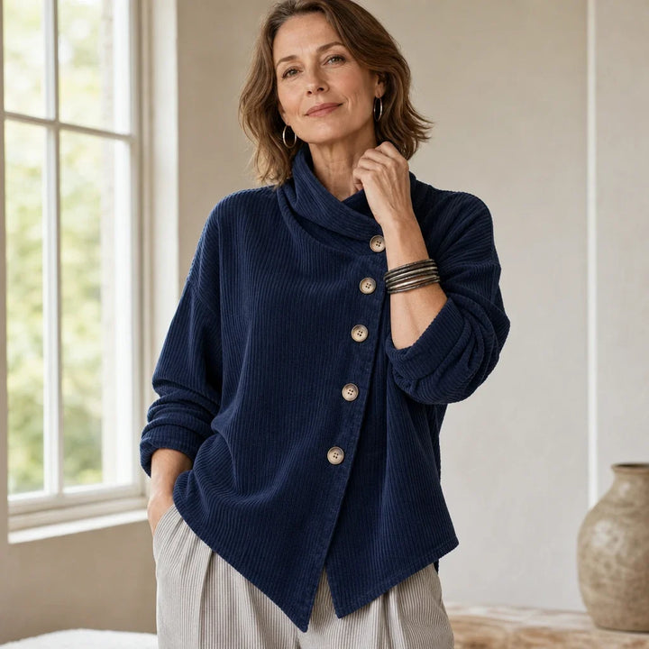 Everlayer – Draped Neck Asymmetrical Button-Front Top